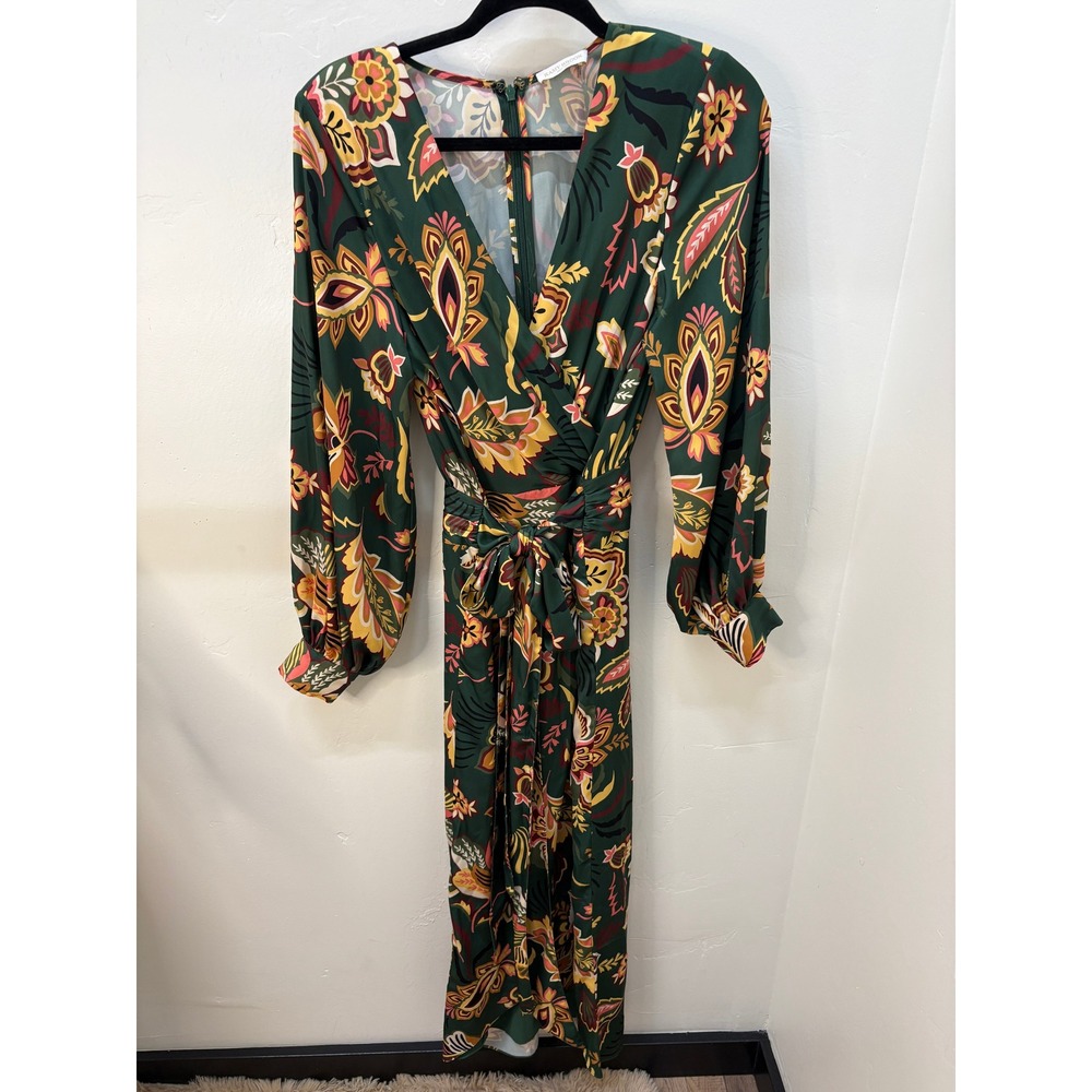 Ramy Brook Green Paisley Floral Long Sleeve Wrap Maxi Dress Size M